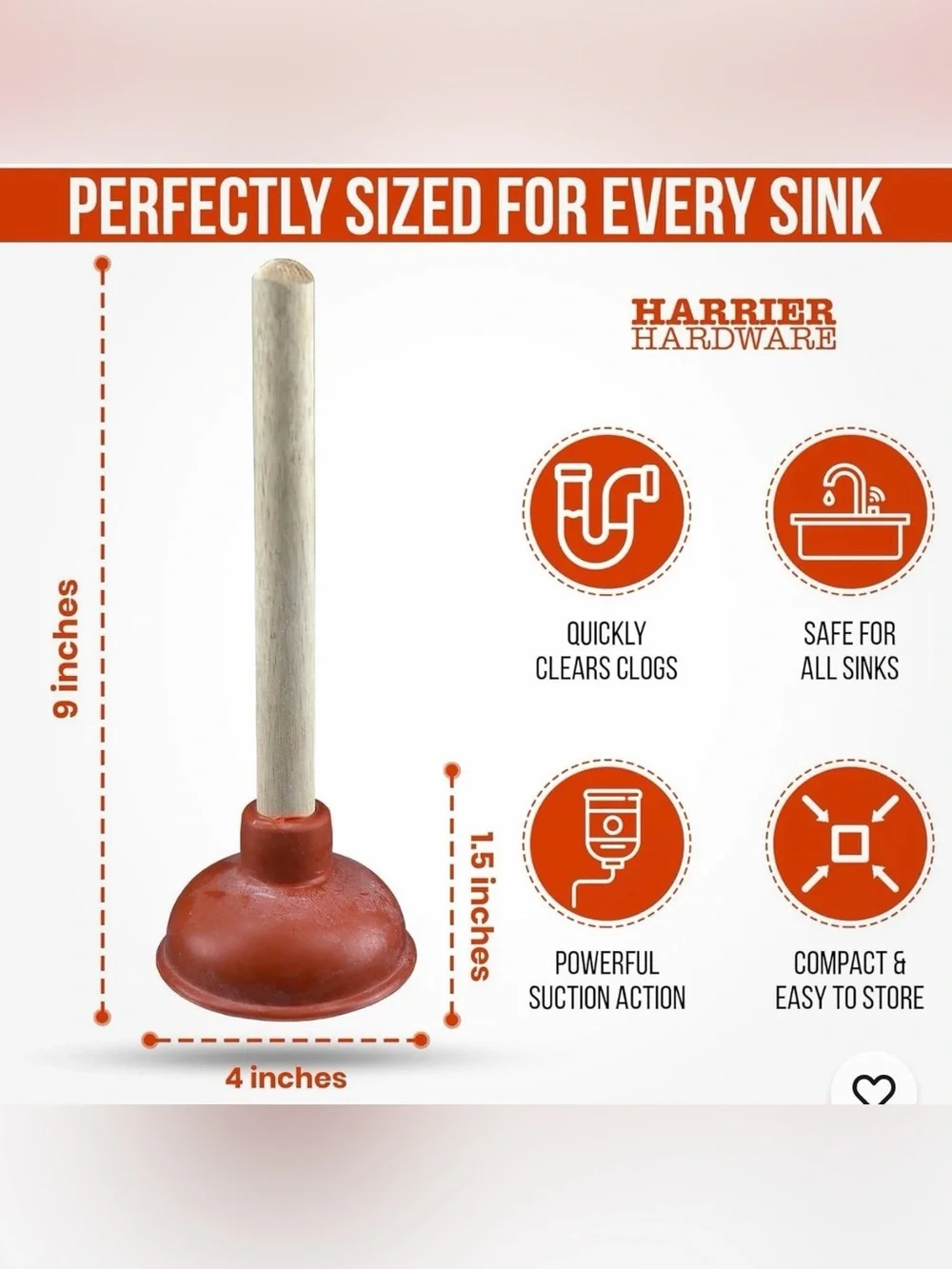 Premium 10.5in Red Sink Plunger with Wooden Handle. Small but powerful!